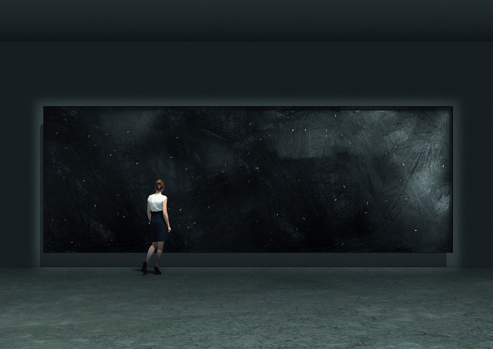 Indicative rendering of Artan Shalsi's monumental Carbonio graphite work in a gallery